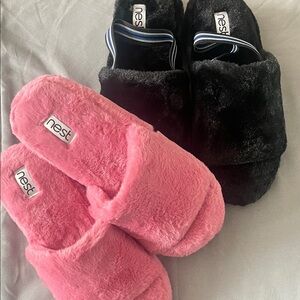2pack of Nest Fuzzy Slippers-Pink and Black-Women's size XL
